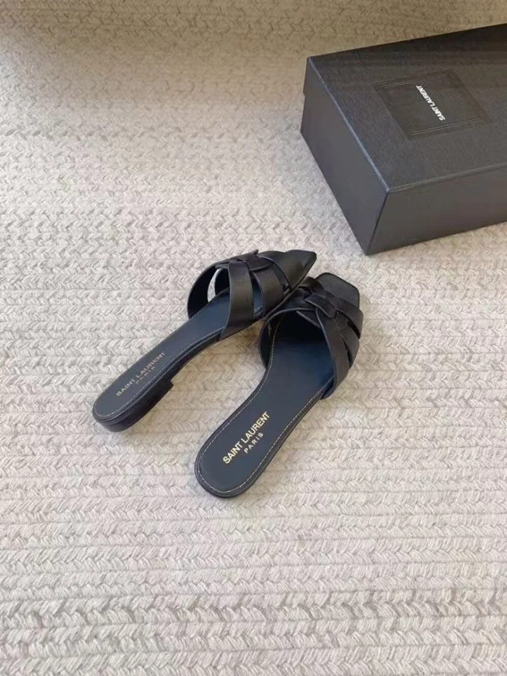 Saint Laurent Black Braided Leather Slide Mules